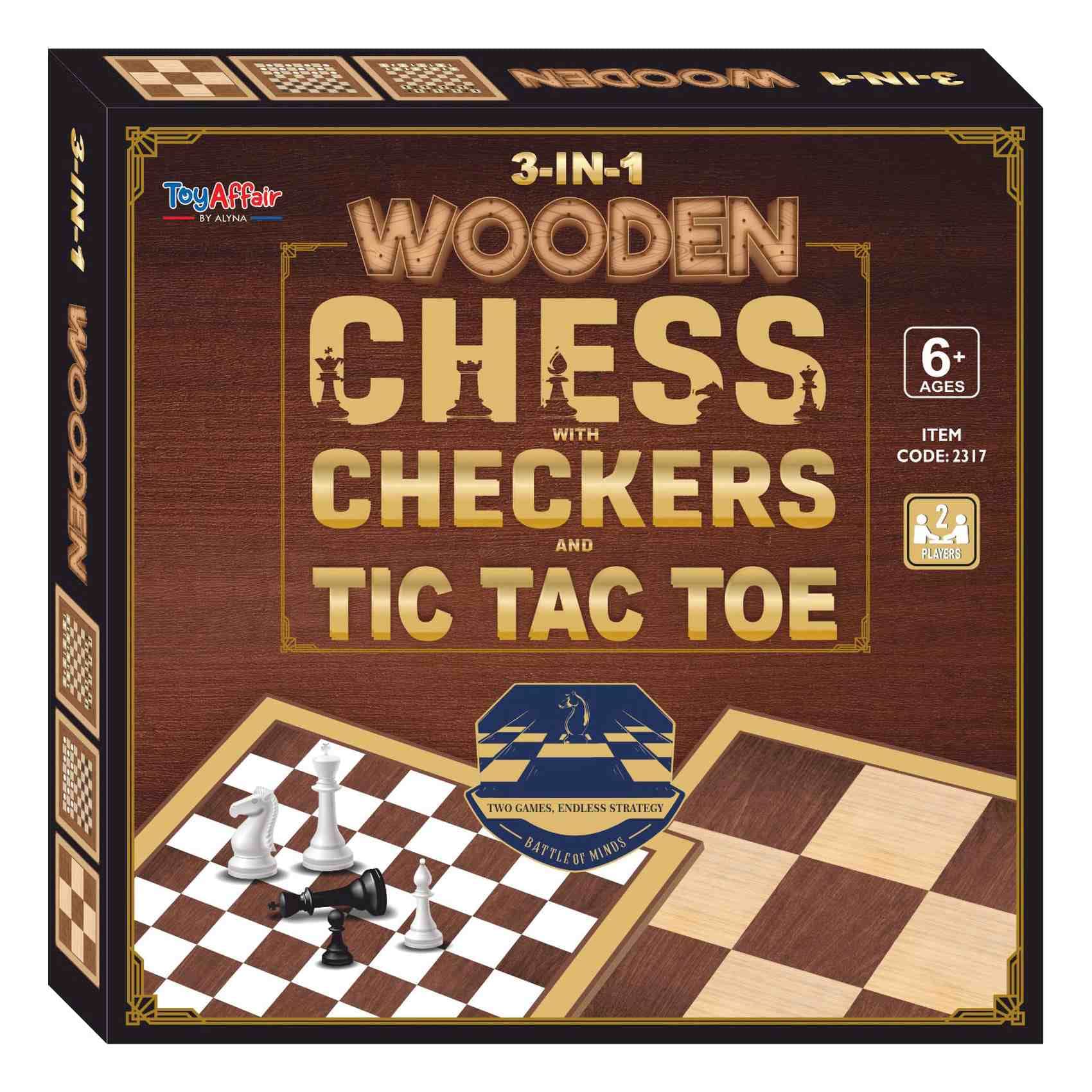 Toy Affair 3-in-1 Wooden Chess, Checkers and Tic Tac Toe, 6 Years+