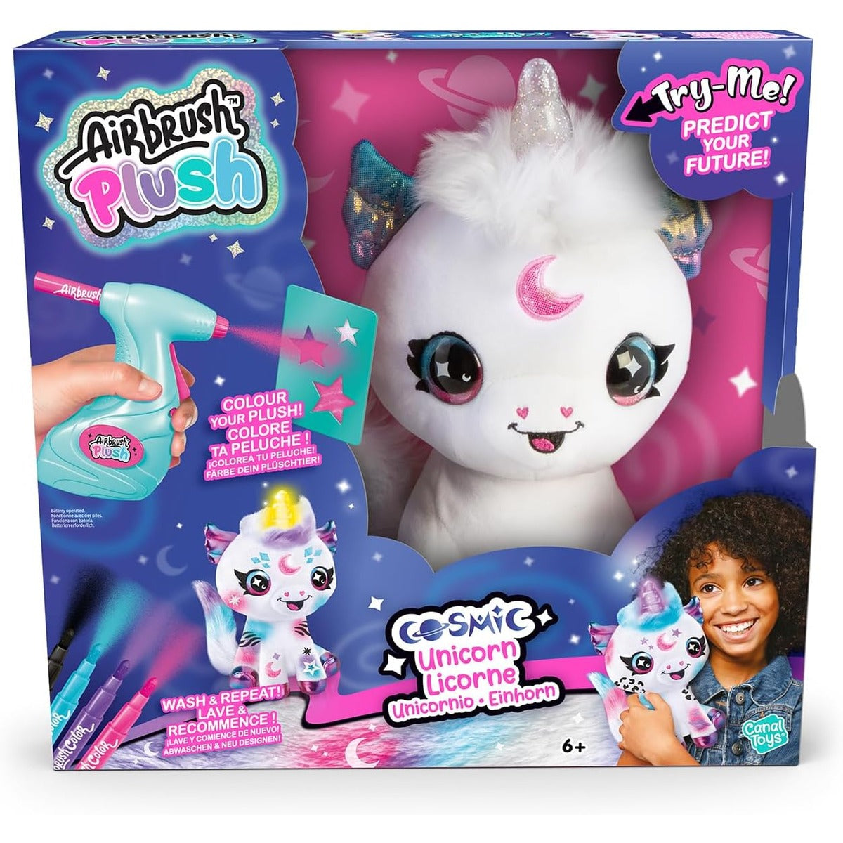 Canal Toys - Airbrush Plush - Customisable Cosmic Unicorn Soft Toy with Luminous Horn - with Prediction Card, Markers and Ste