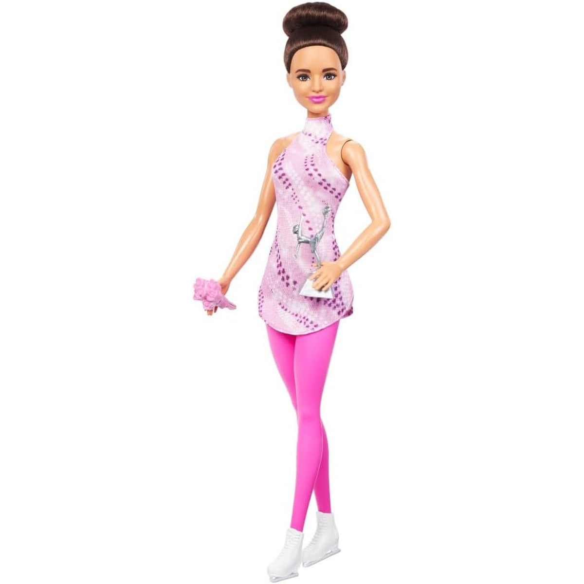 Barbie Careers Fashion Doll & Accessories, Brunette Ice Skater in Removable Pink Outfit with Ice Skates & Trophy