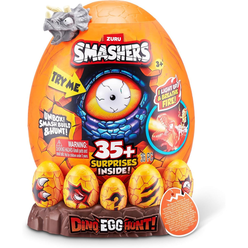Smashers Dino Egg Hunt by Zuru, Includes Over 35 Surprises, Comes with Dino Light Up Egg, Dinosaur Figures, Slime, Sand, Mini Eggs, Collectible Toys for Kids to Smash and Build