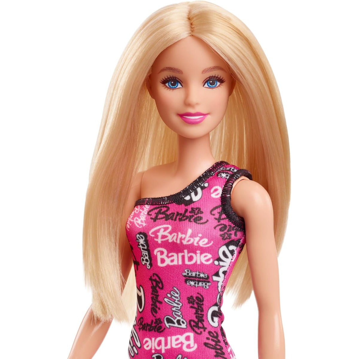 Barbie® Doll with Smooth Blonde Hair Dressed in Asymmetric Removable Pink Dress and Logo Print Shoes, HRH07