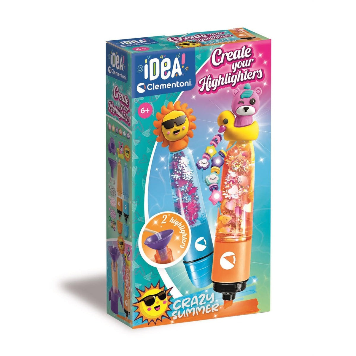 Clementoni Idea – Create Your Highlighters: Crazy Summer, Personalised Highlighter Lab, Creative Kit for Children 6+ Years, with 3 Customisable Highlighters with Accessories, 18130