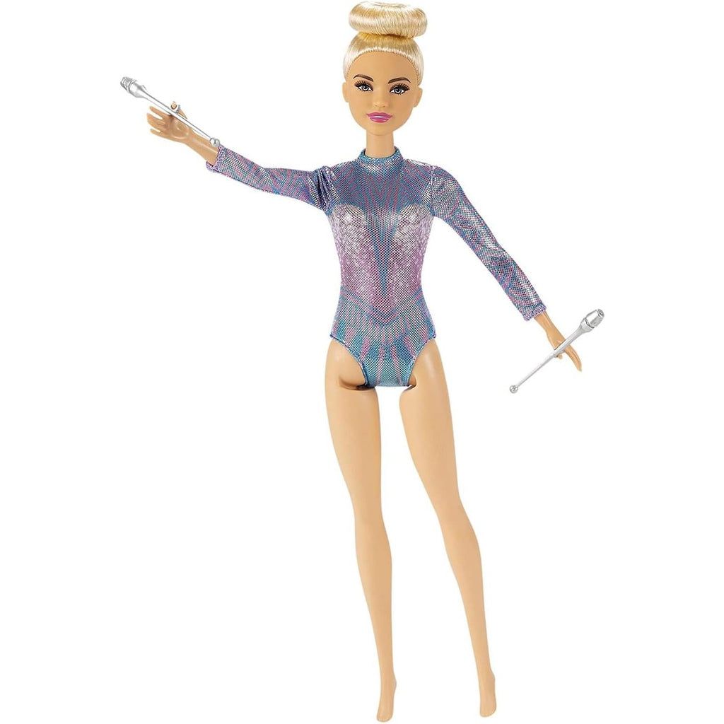 Barbie Rhythmic Gymnast Blonde Doll (12-in/30.40-cm) with Colorful Metallic Leotard, 2 Clubs & Ribbon Accessory, Great Gift f