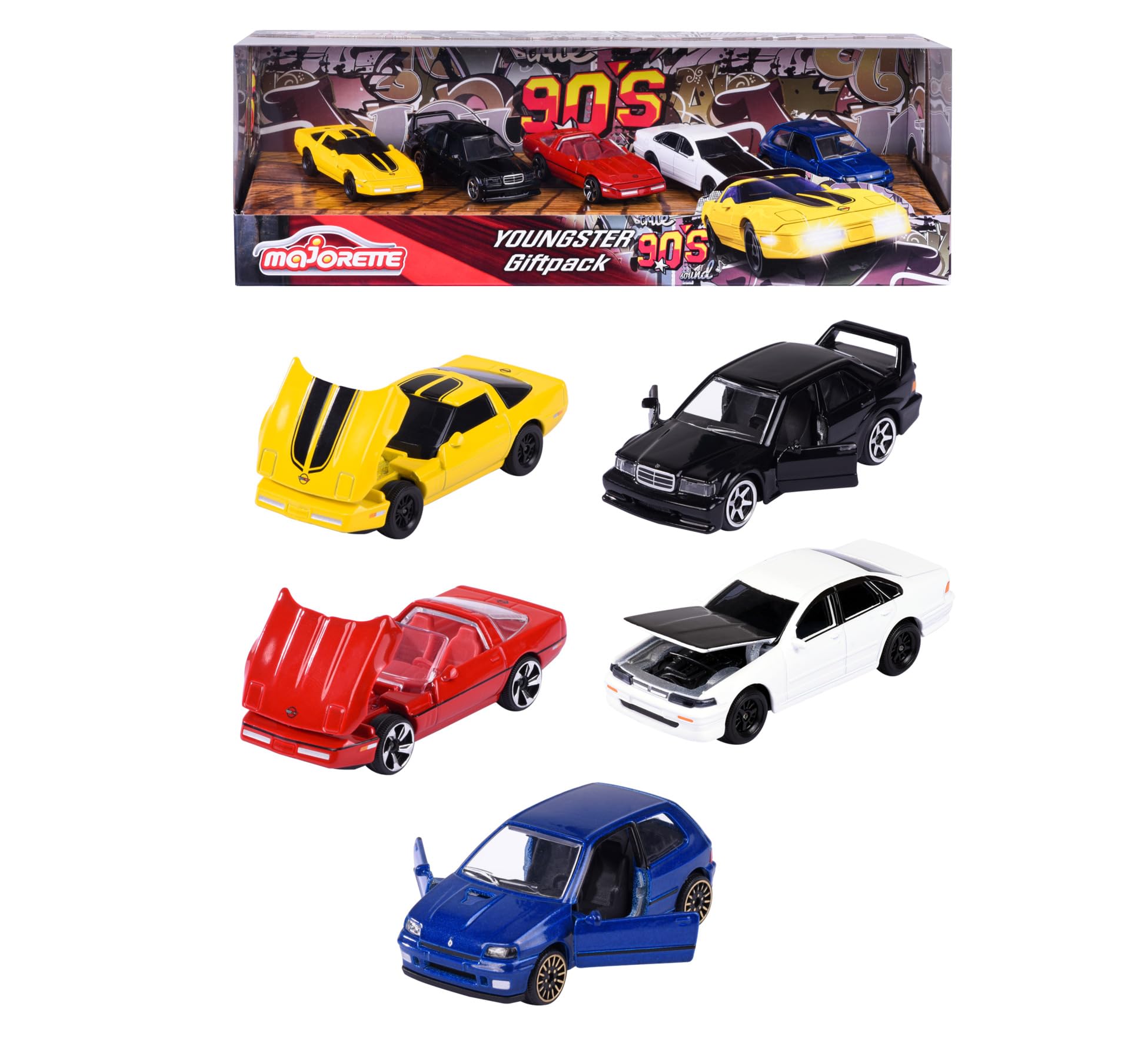 Majorette - Pack of 5 Metal Cars Young '90", Scale 1:64, 7.5 cm, Classic Edition 90s, from 3 Years (212052021) THE 90'S