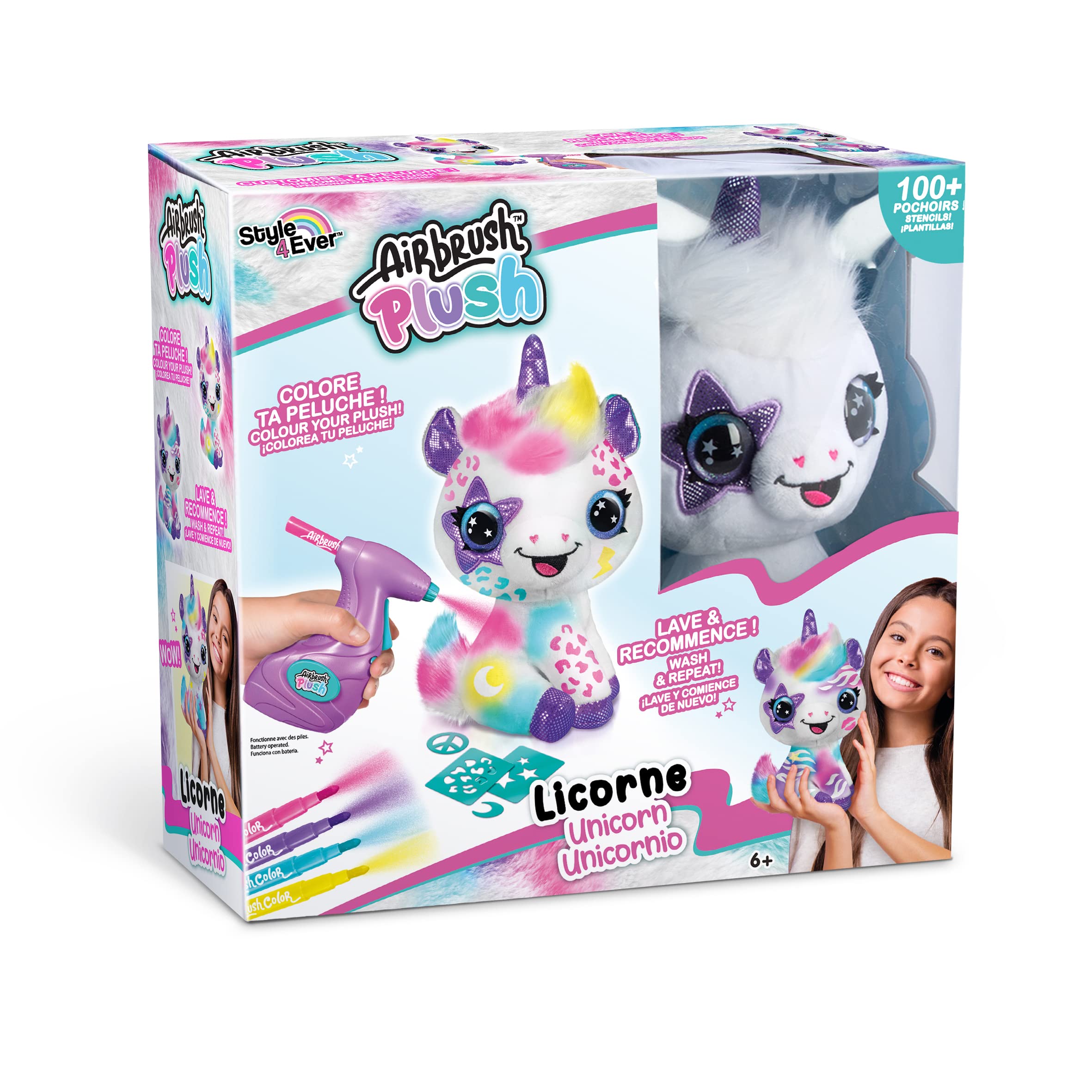 Canal Toys - Unicorn to Customise Airbrush Plush – Soft Toy Spray Art with Felt-Tip Pens and Stencils – 6 Years and Above – O