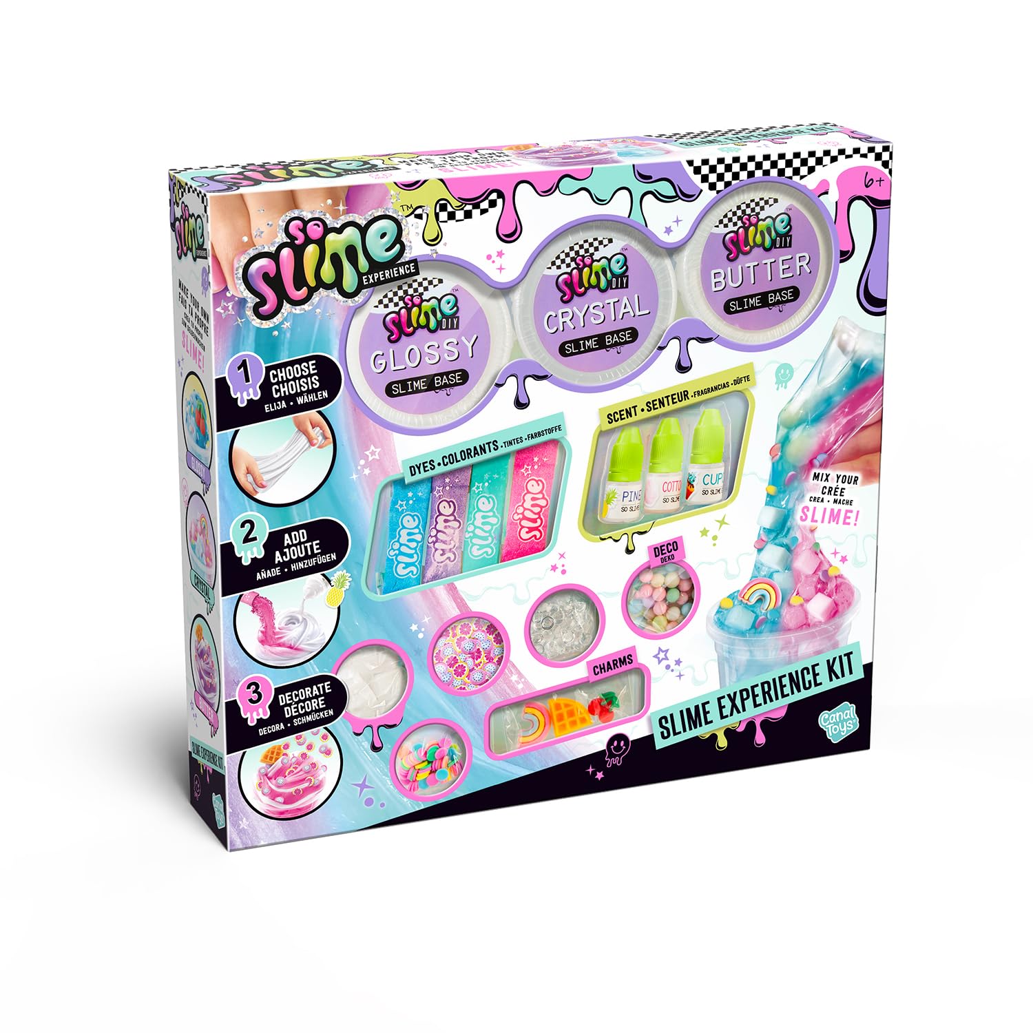 Canal Toys - So Slime – Slime Experience Premium Set – 3 Pots, 4 Coloured Powders, 3 Scents, Deco & Charms – Choose Your Texture & Perfumes – Personalised Creation – Gift Idea for Children 6 Years