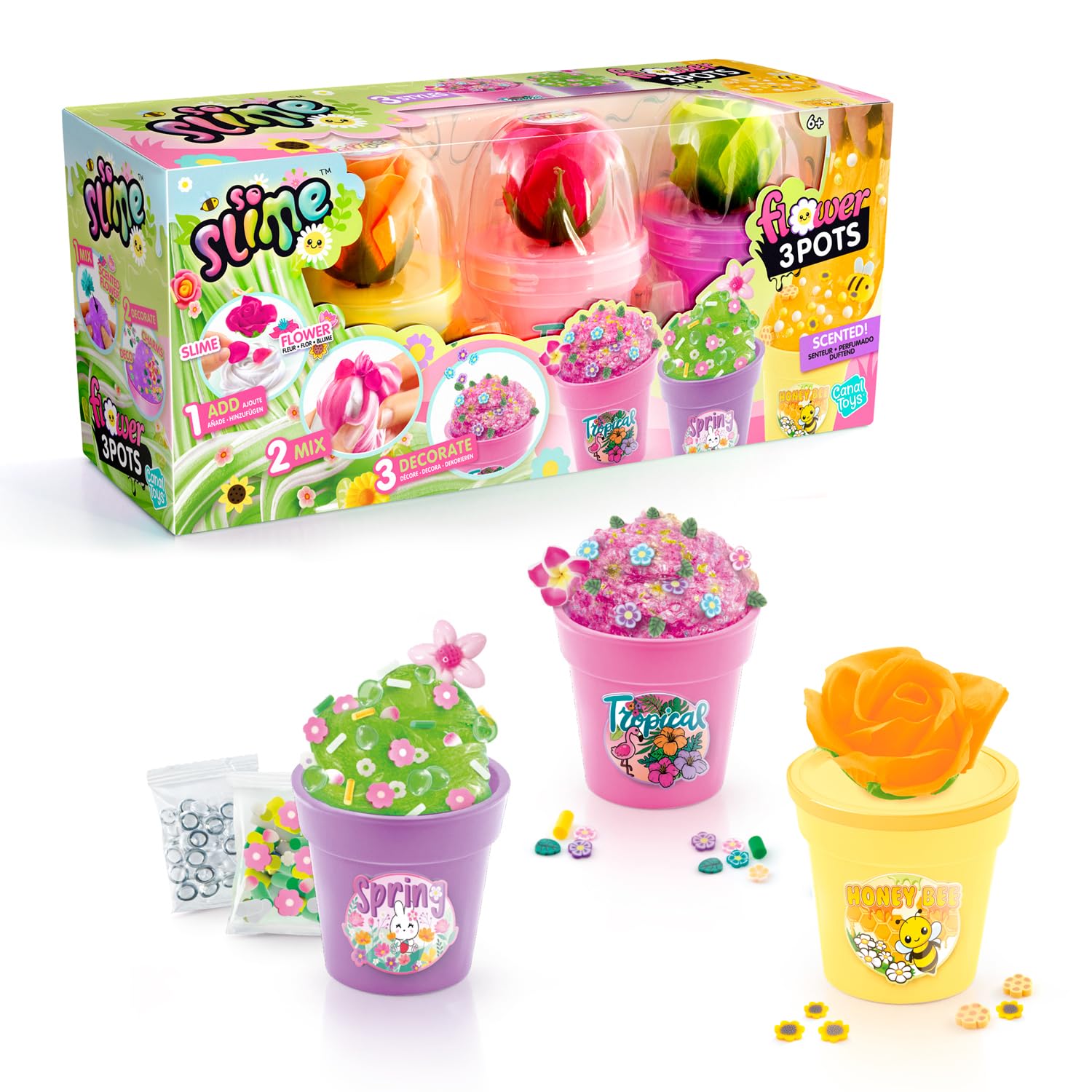 Canal Toys - So Slime - Slime Flower 3 Pots - Colour your creation thanks to the flower - Personalise it with decorations and charms - Gift Idea for Children 6 Years + - Creative Hobby - Imagination