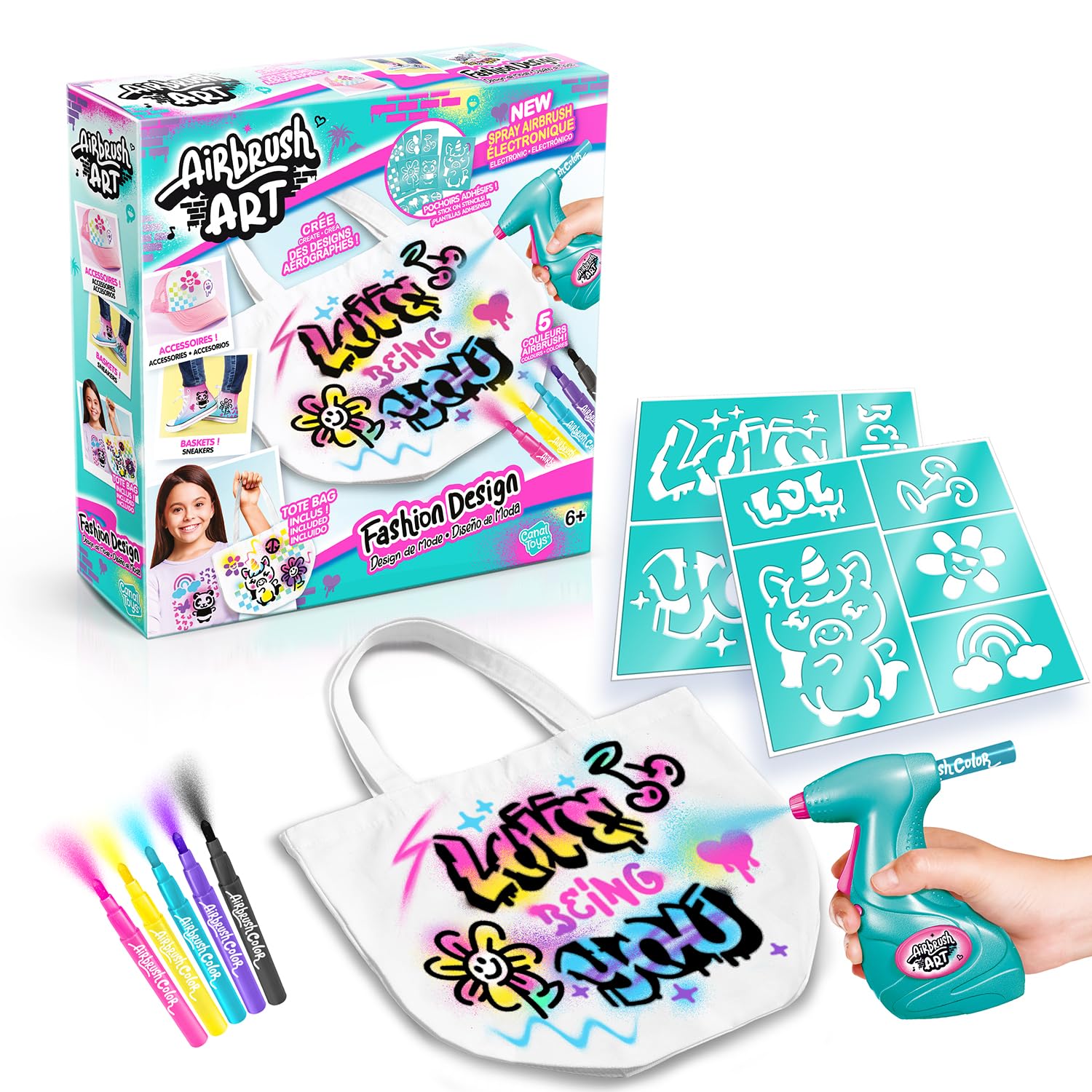 Canal Toys - Airbrush Art - Fashion Design Kit with electronic spray, stencils and felt-tip pens - AIR 016, White Tote Bag