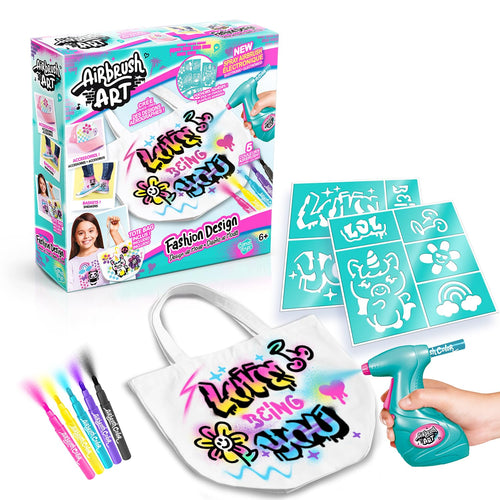 Canal Toys - Airbrush Art - Fashion Design Kit with electronic spray, stencils and felt-tip pens - AIR 016, White Tote Bag