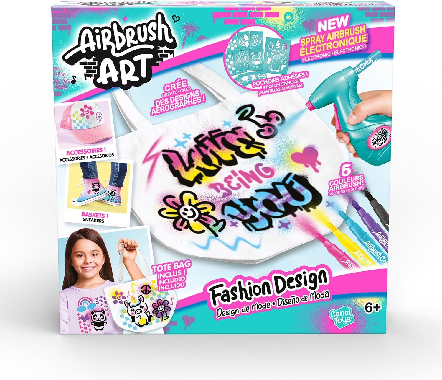 Canal Toys - Airbrush Art - Fashion Design Kit with electronic spray, stencils and felt-tip pens - AIR 016, White Tote Bag