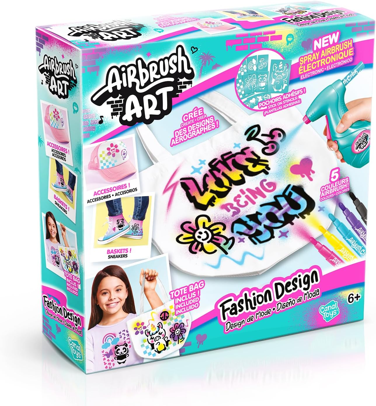 Canal Toys - Airbrush Art - Fashion Design Kit with electronic spray, stencils and felt-tip pens - AIR 016, White Tote Bag