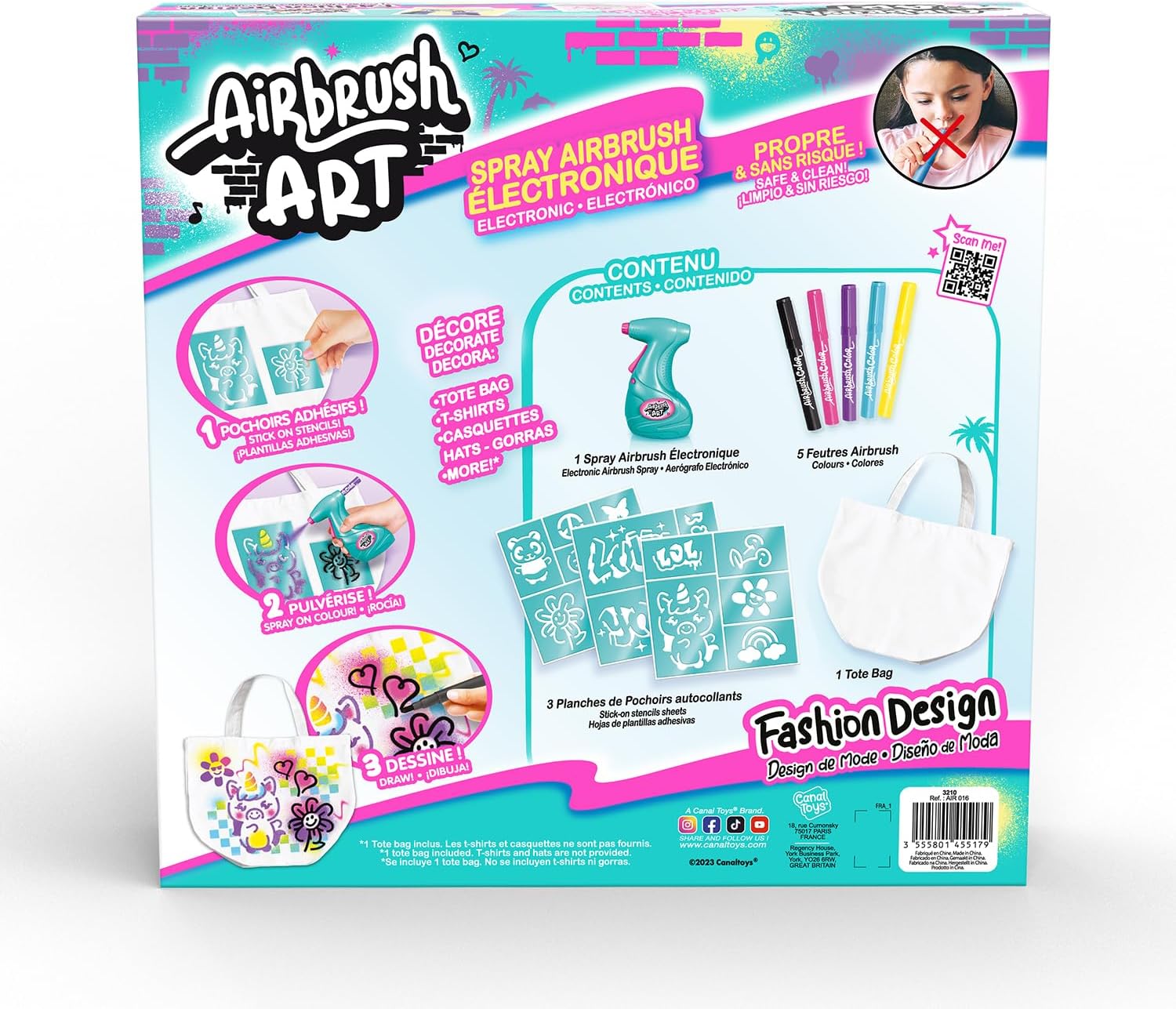 Canal Toys - Airbrush Art - Fashion Design Kit with electronic spray, stencils and felt-tip pens - AIR 016, White Tote Bag