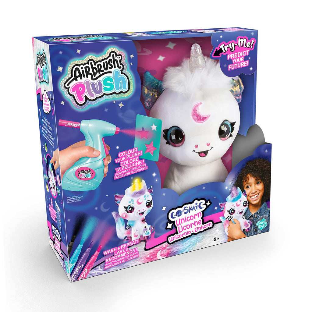 Canal Toys - Airbrush Plush - Customisable Cosmic Unicorn Soft Toy with Luminous Horn - with Prediction Card, Markers and Ste