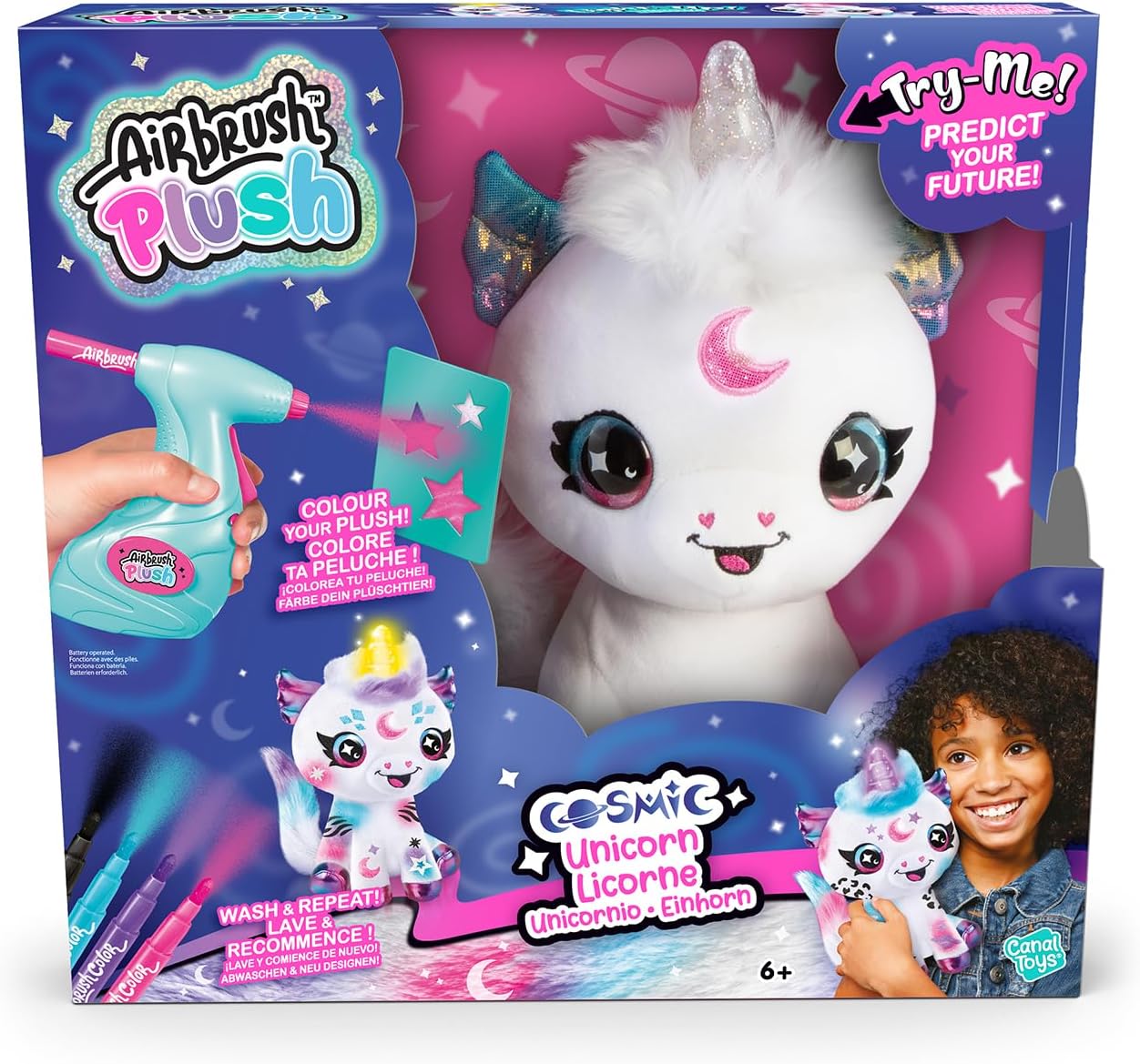 Canal Toys - Airbrush Plush - Customisable Cosmic Unicorn Soft Toy with Luminous Horn - with Prediction Card, Markers and Ste