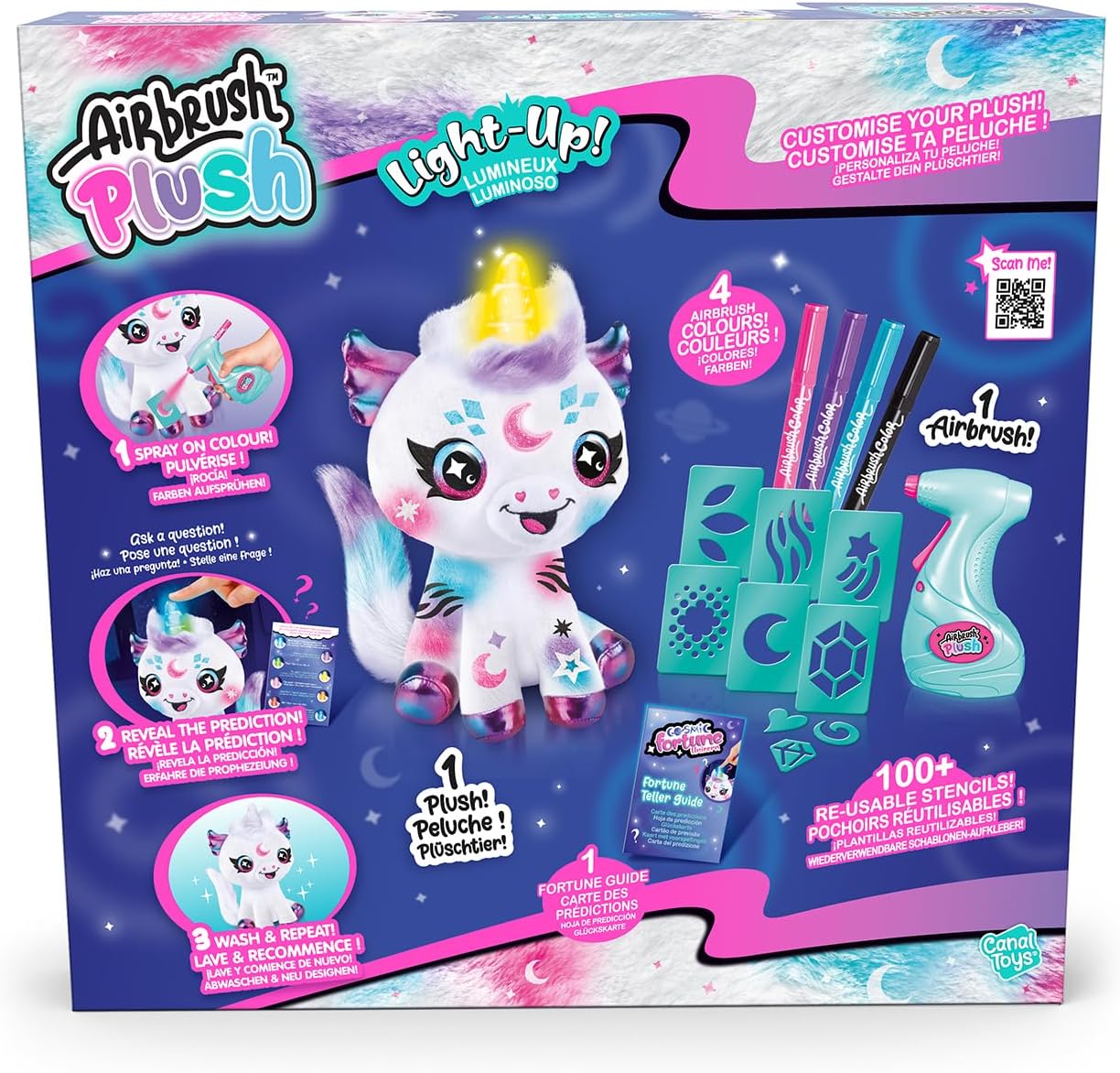 Canal Toys - Airbrush Plush - Customisable Cosmic Unicorn Soft Toy with Luminous Horn - with Prediction Card, Markers and Ste