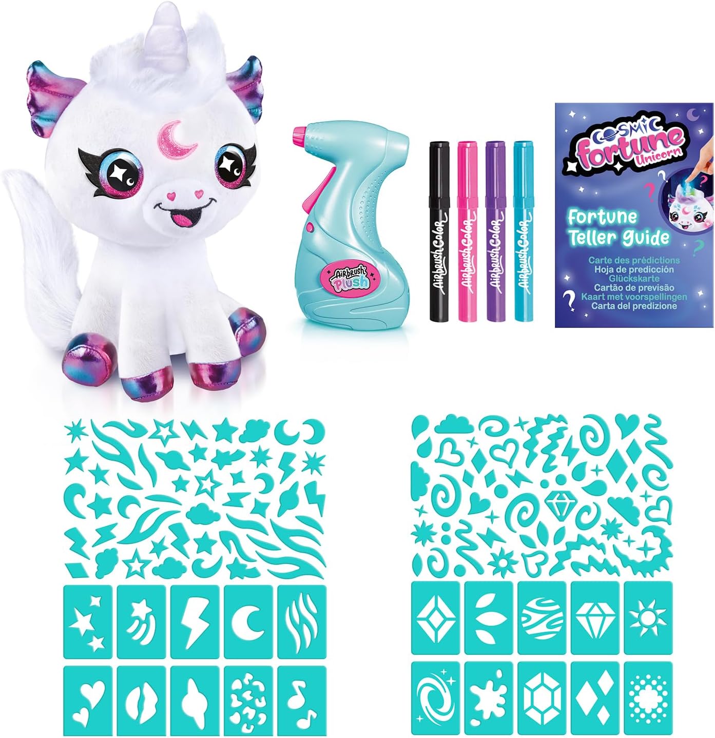 Canal Toys - Airbrush Plush - Customisable Cosmic Unicorn Soft Toy with Luminous Horn - with Prediction Card, Markers and Ste