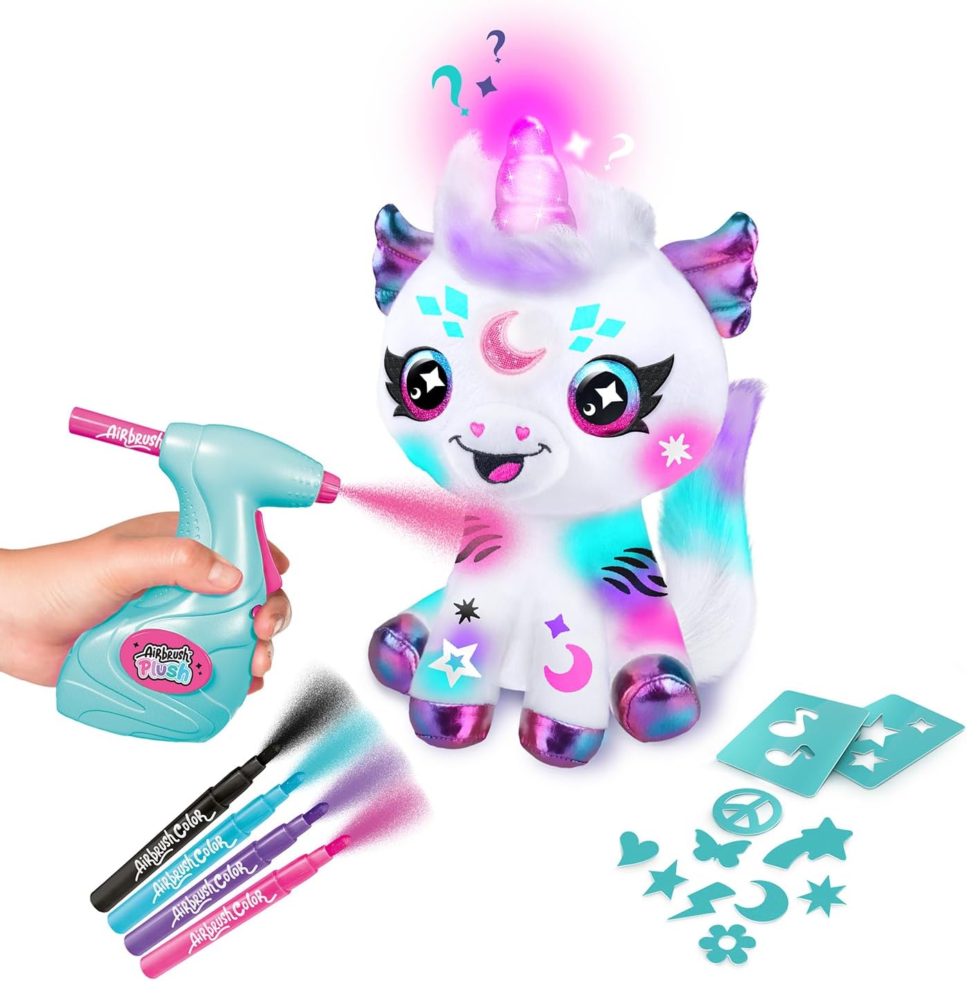 Canal Toys - Airbrush Plush - Customisable Cosmic Unicorn Soft Toy with Luminous Horn - with Prediction Card, Markers and Ste