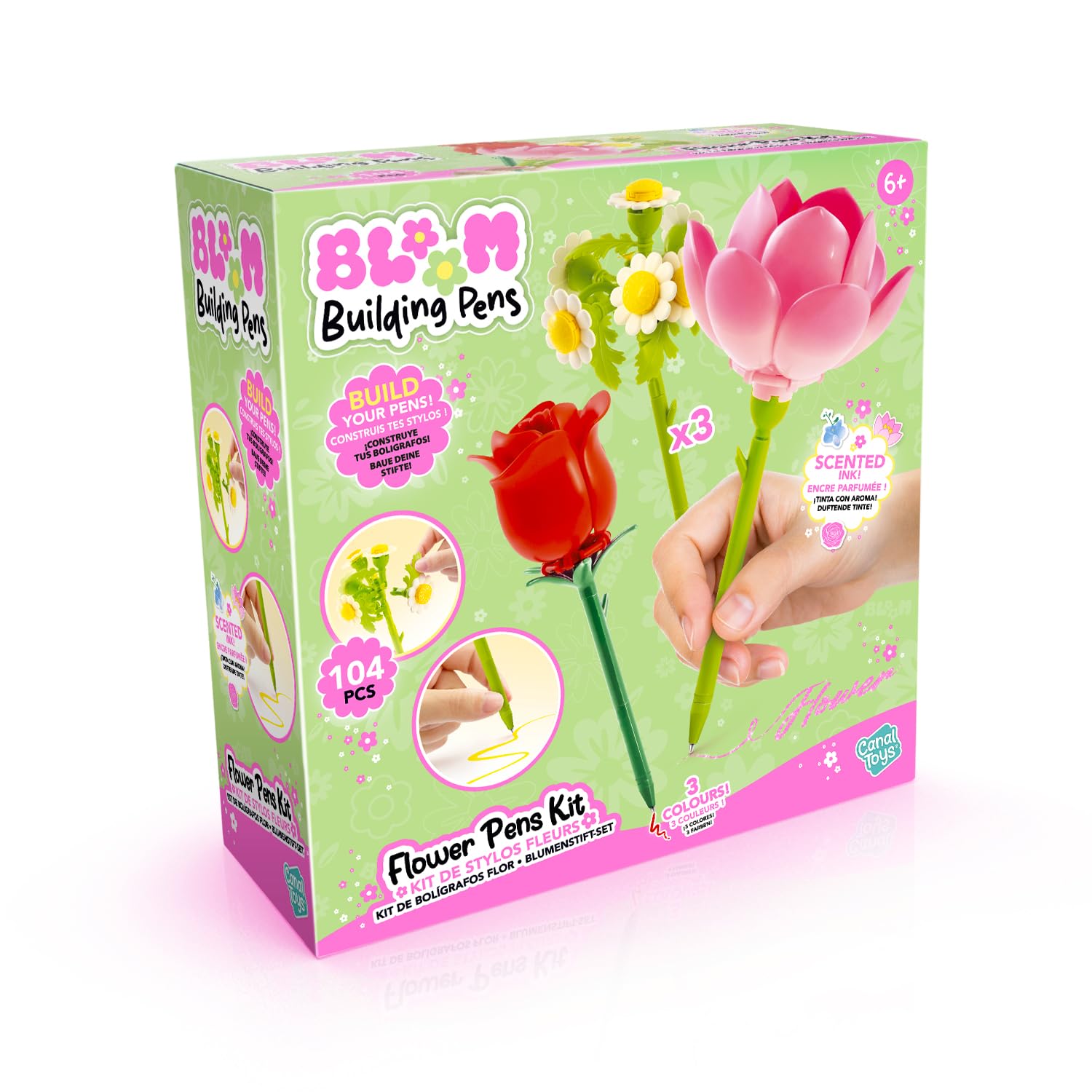 Canal Toys Bloom – Flower Building Pen for Children 6 Years+ – Pack of 3 – Pink, Lotus and Daisy – Gift Idea – Glitter and Scented Ink – BLM 002