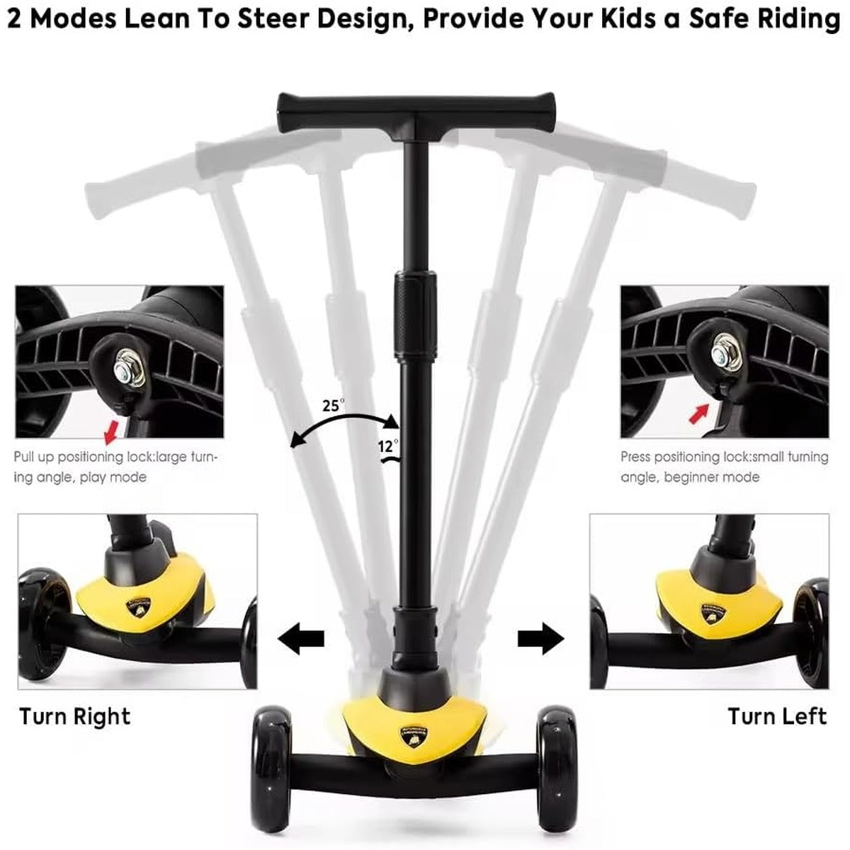 Lamborghini Yellow Scooter with seat for Kids Ages 3-8, 3 Wheel Scooter for Kids with Adjustable Height, Folding Kids