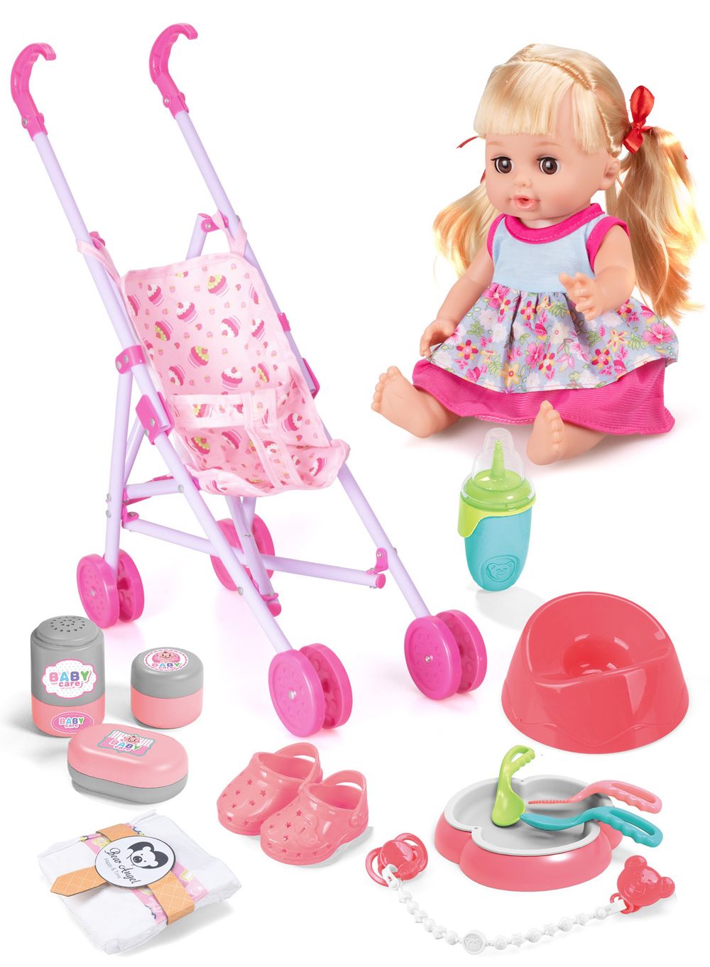 Vdora Dolls - 12 Sounds Baby Doll With Stroller Set - 14-inch
