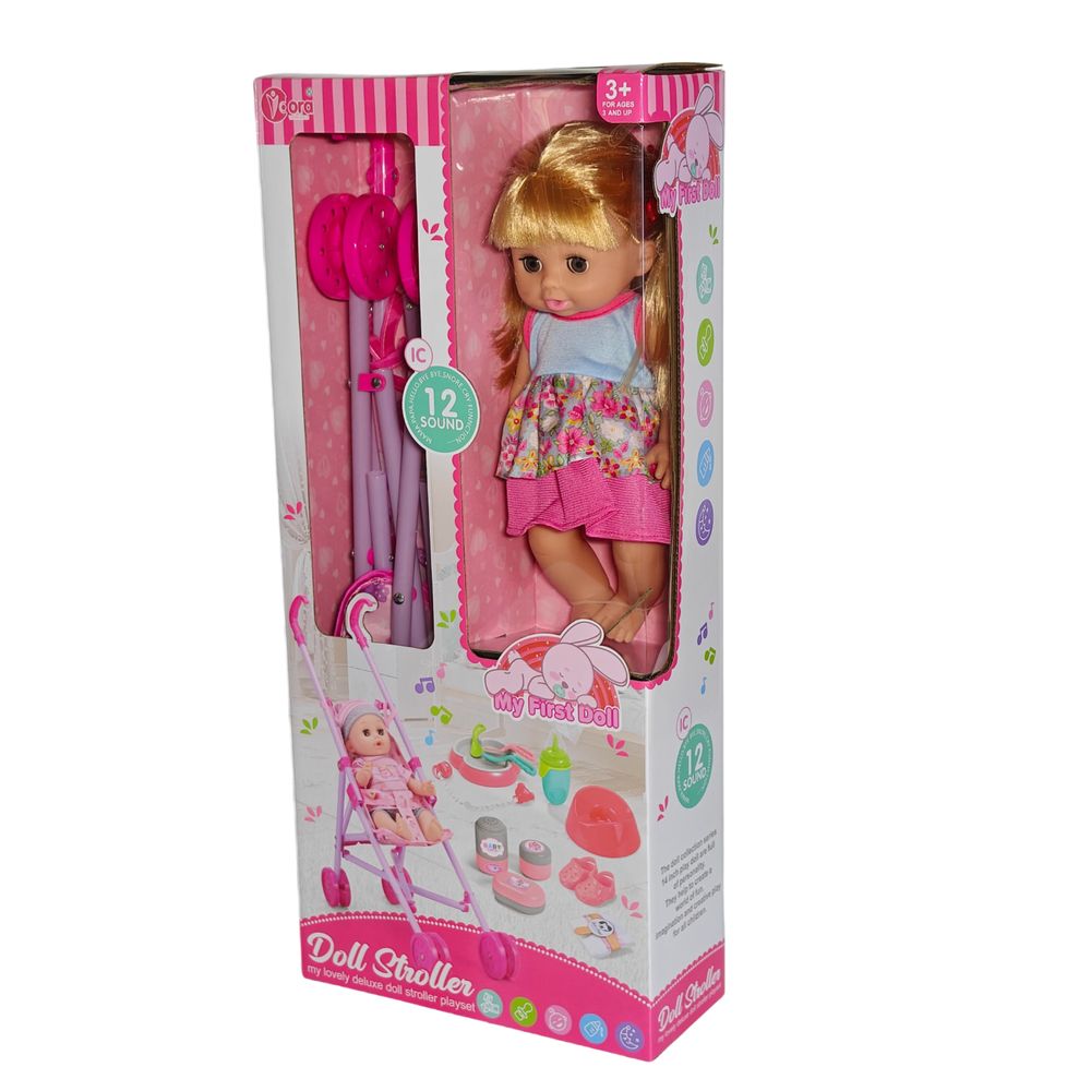 Vdora Dolls - 12 Sounds Baby Doll With Stroller Set - 14-inch