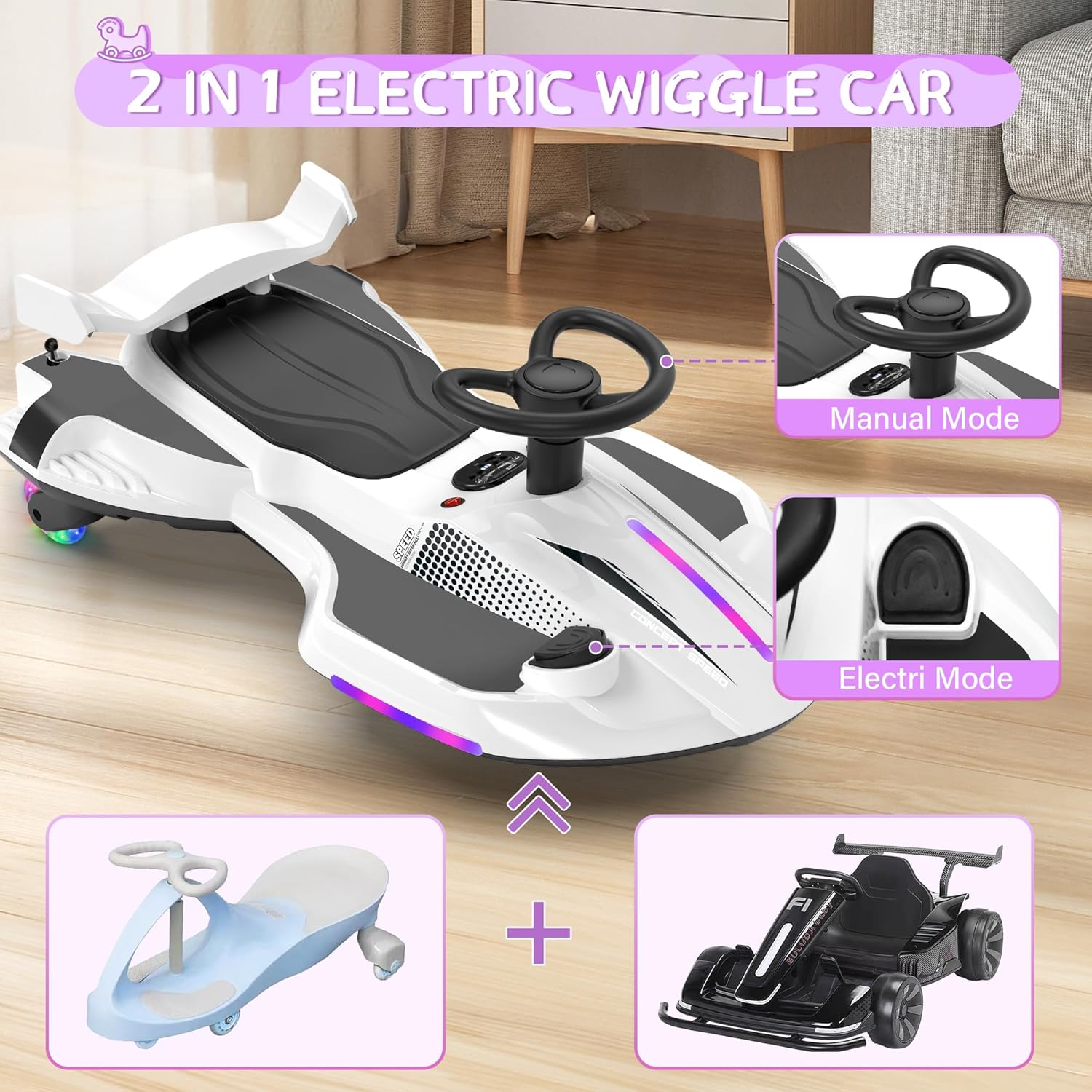 12V Electric Wiggle Car with Pedal for Kids, Rechargeable 2 in 1 Swing Car, Drifting Ride On Toys with Backrest, Anti-Rollover, Spray, Flashing Light, Music, for Ages 3 and Up (White)