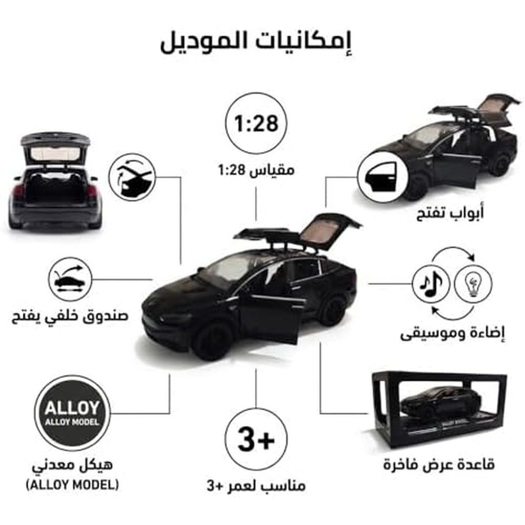 1:28 Scale Electric SUV Car Model Car with Open Up Rear Doors Special Display Base Light and Sound (Black)