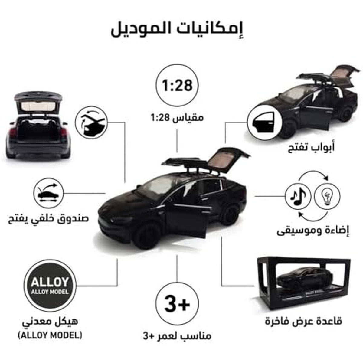 1:28 Scale Electric SUV Car Model Car with Open Up Rear Doors Special Display Base Light and Sound (Black)