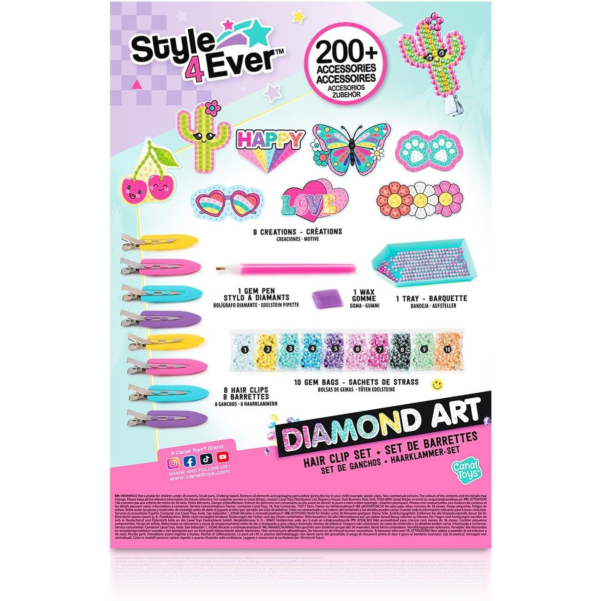 Canal Toys Style 4 Ever - Diamond Art Hair Clips - Creative Kit for Children 6 Years + - 8 Hair Clips to Customise with Rhinestones, Pen and Wax - Fashion and Craft Gift Idea - OFG334