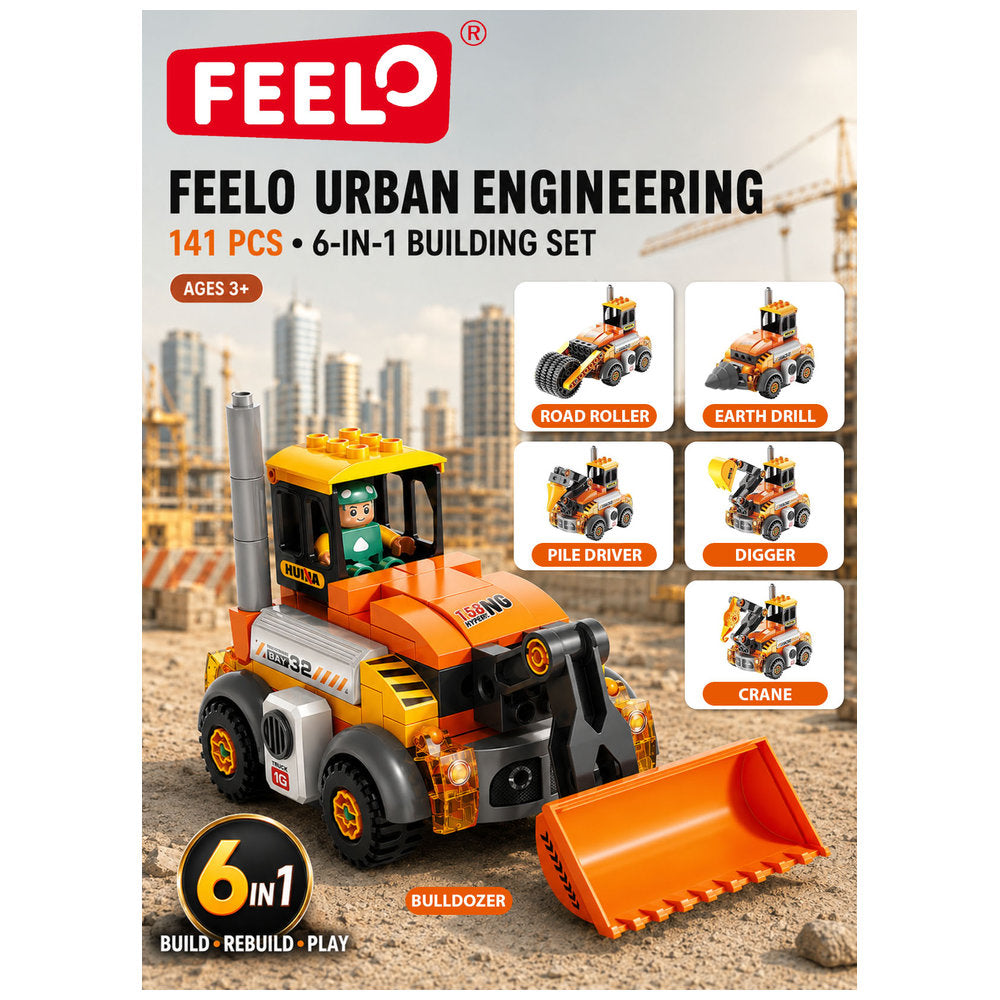 Feelo - 6-In-1 Urban Engineering Vehicle Big Building Block Set - Multicolor - 141 Pcs