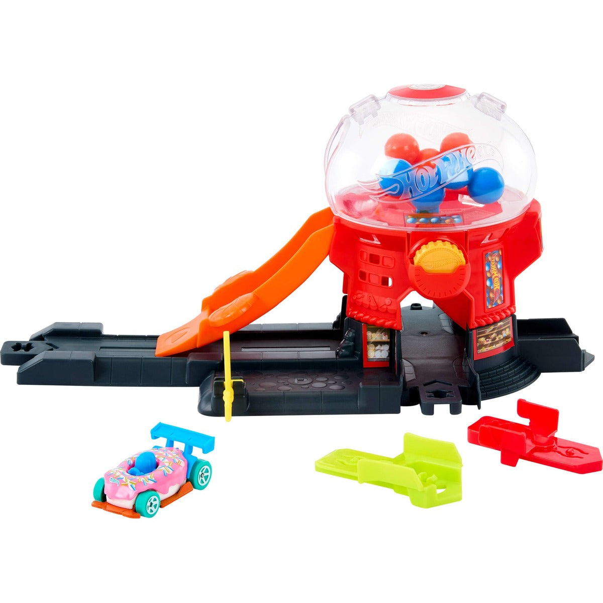 Hot Wheels Toy Car Track Set, Gumball Machine Playset with 1:64 Scale Die-Cast Donut-Shaped Vehicle & Speed Snap Track, Downtown City Candy Shop