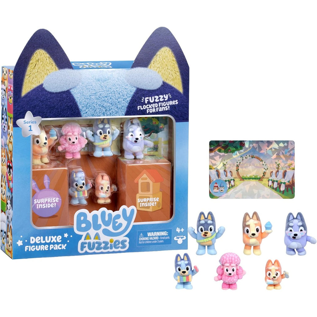 Bluey Fuzzies Deluxe Figure Pack. with 6 Specially Flocked Collectible Mini