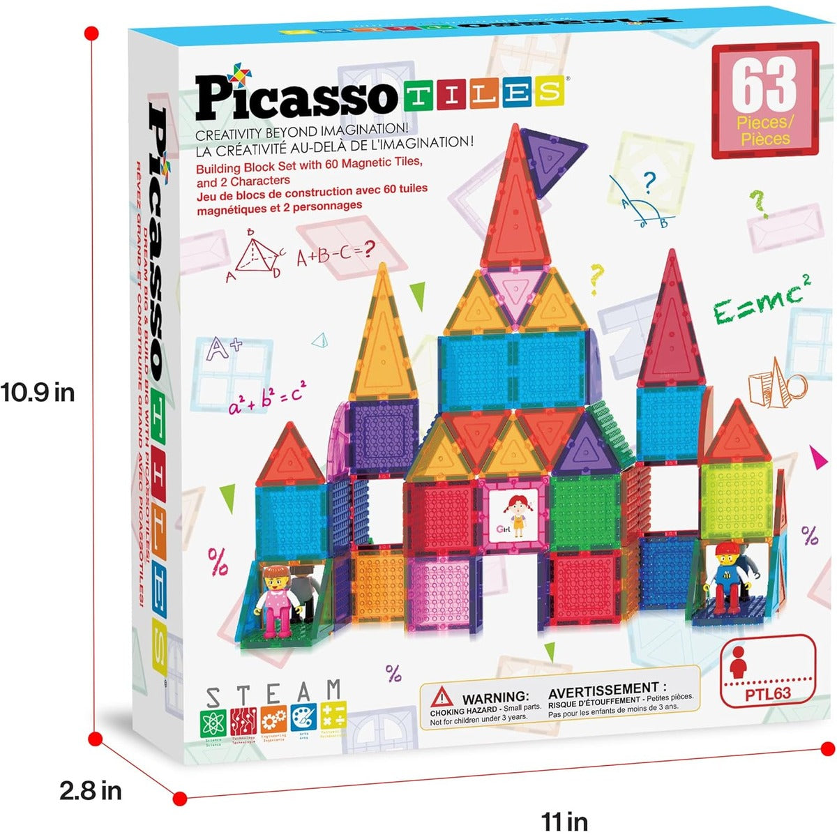 PicassoTiles 63pc Magnetic Tile Building Block Set with 2 Character
