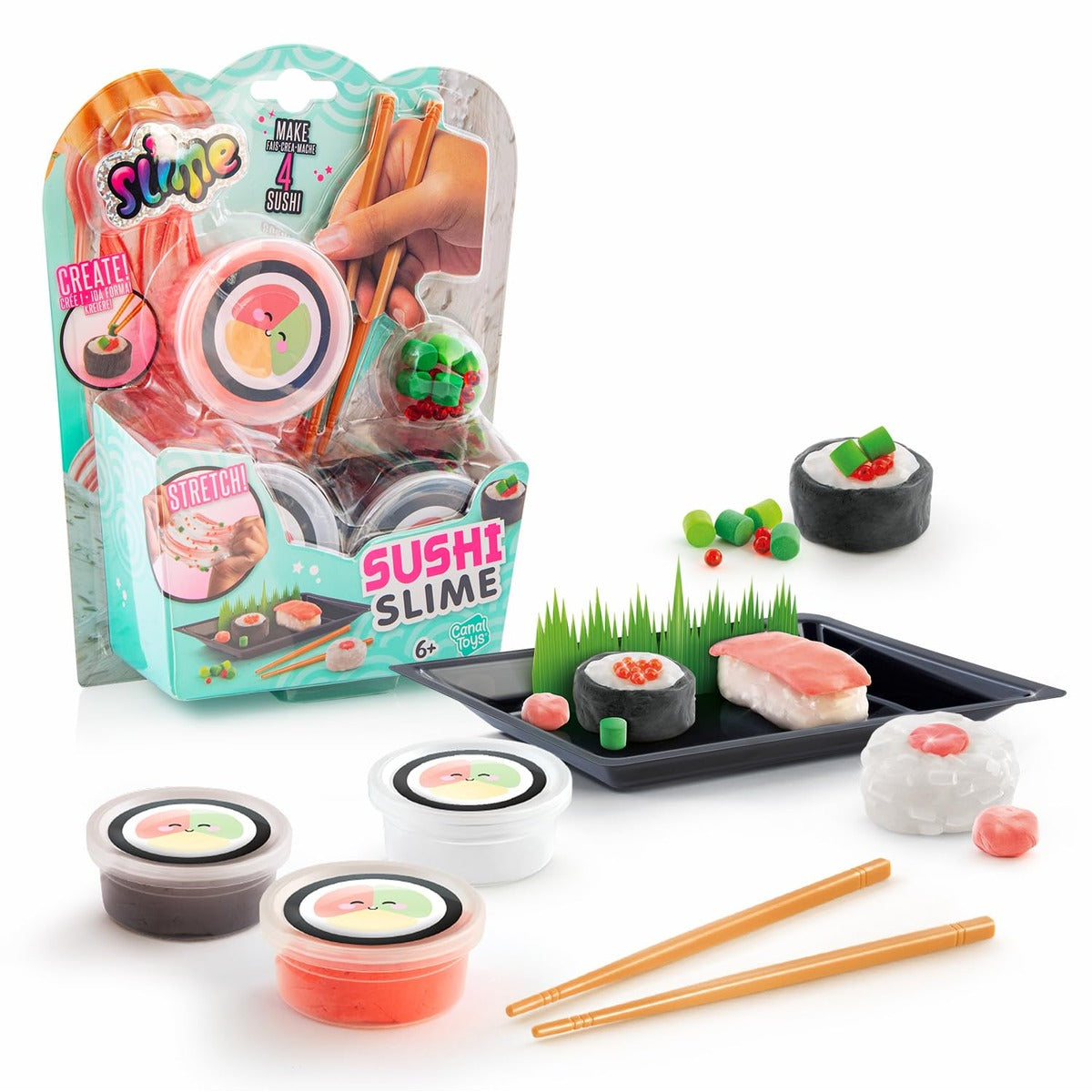 Canal Toys - So Slime Sushi Slime Kit - DIY for Children from 6 Years - 3 Slime Pots for Kneading & Squishen - Mini Chopsticks + Serving Tray - Sprinkles, Decoration & Stickers - Sensory Toy - SSC414