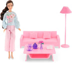 Fulla Doll with Living Room Set Includes Sofa, Cushions, Tea Cups, Lamp, Flowers and Phone & Cozy Room Playset for