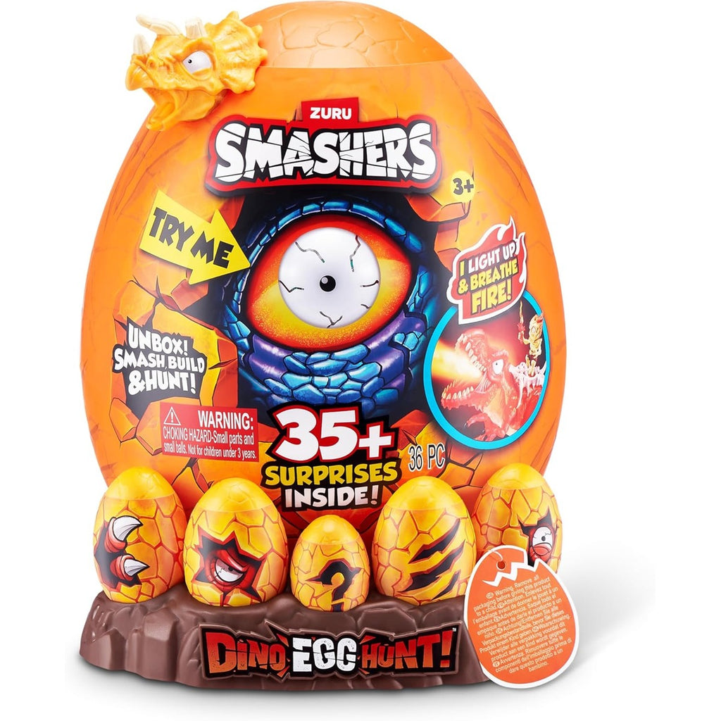 Smashers Dino Egg Hunt by Zuru, Includes Over 35 Surprises, Comes with Dino Light Up Egg, Dinosaur Figures, Slime, Sand, Mini Eggs, Collectible Toys for Kids to Smash and Build