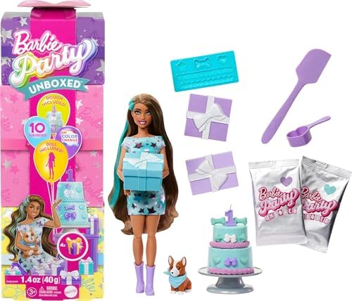 Barbie Party Unboxed Doll & Accessories, Pet Birthday Series Party Stars Set with 10