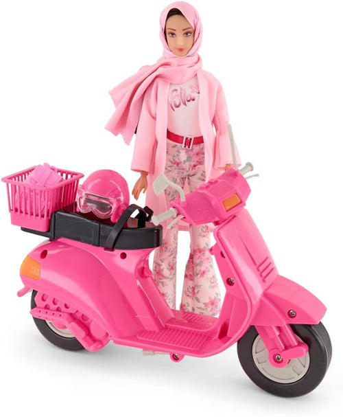 Fulla Doll with Pink Motorbike Includes Floral Pants, Jacket, Helmet and Headscarf & Fashionable Outfit with Ride-On