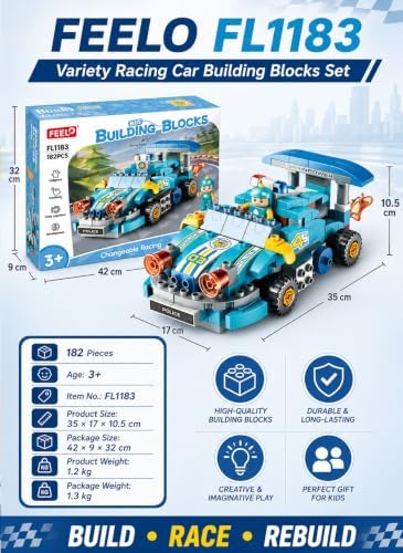 Graffic Giraffe Variety Racing Car Building Blocks Set 182 Pieces for Kids Age 3+, Multi