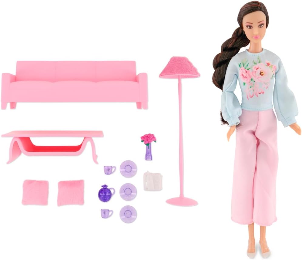 Fulla Doll with Living Room Set Includes Sofa, Cushions, Tea Cups, Lamp, Flowers and Phone & Cozy Room Playset for
