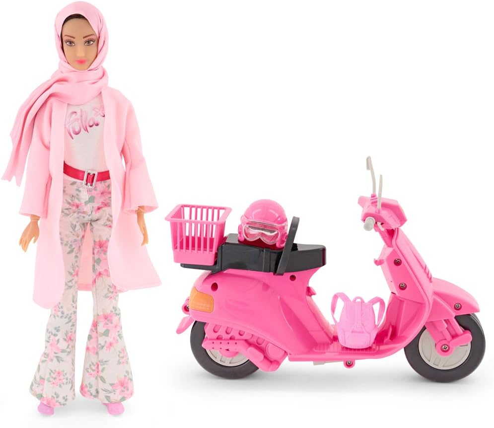 Fulla Doll with Pink Motorbike Includes Floral Pants, Jacket, Helmet and Headscarf & Fashionable Outfit with Ride-On