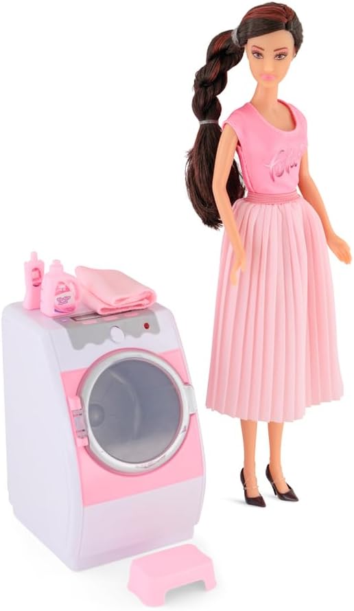 Fulla Doll with Washing Machine Set Includes Towels, Hangers Toy Bear Boxes and Shoes & Machine Features Light and