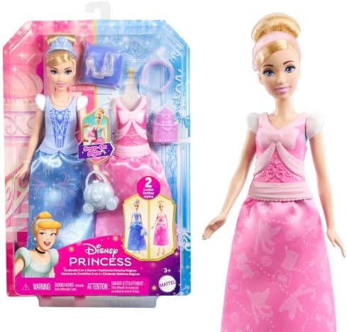 Mattel Disney Princess Toys, Cinderella Fashion Doll with 2 Looks, 9 Accessories, 2 Snap
