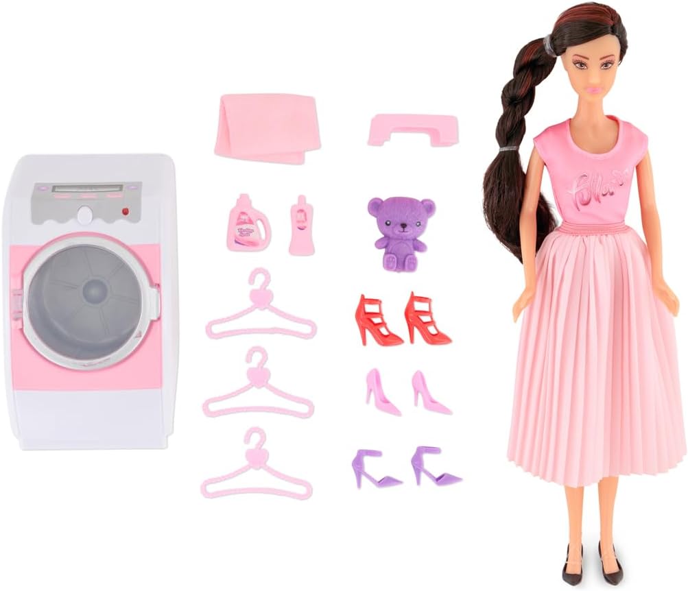 Fulla Doll with Washing Machine Set Includes Towels, Hangers Toy Bear Boxes and Shoes & Machine Features Light and