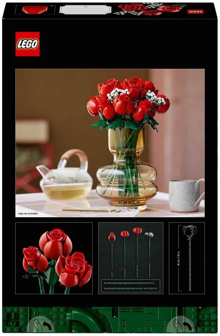 LEGO Botanicals Bouquet of Roses - Artificial Flowers Set for Adults - incl. 12 Faux Roses & 4 Sprigs of Baby's Breath