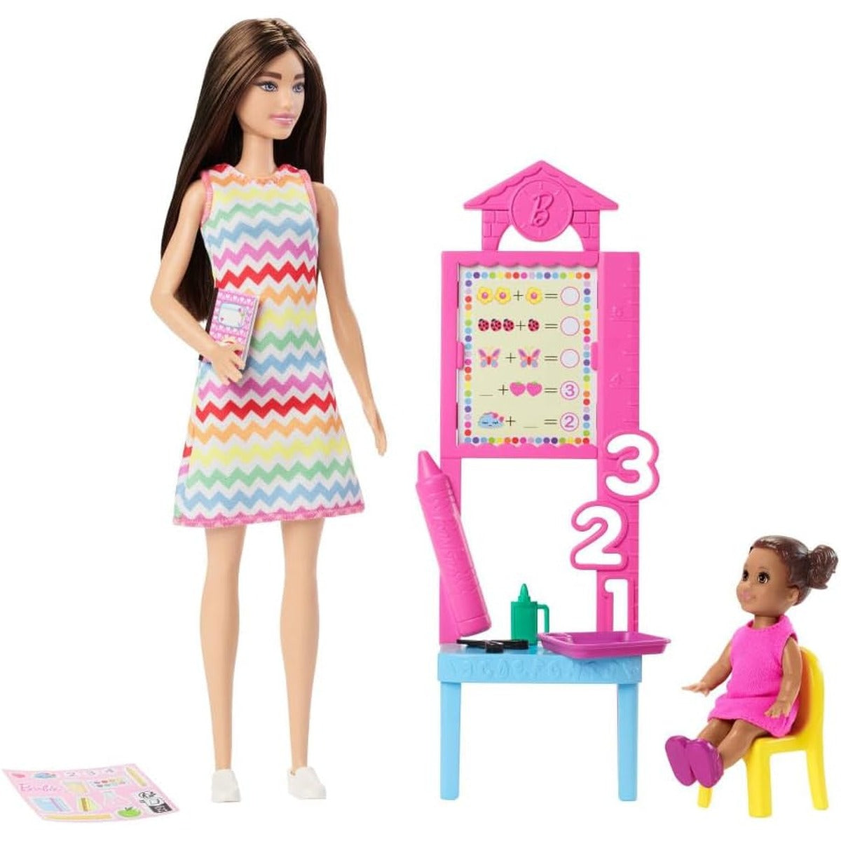 Barbie Teacher Doll with Brunette Fashion with Printed Dress, 1 Toddler, & Teaching Accessories