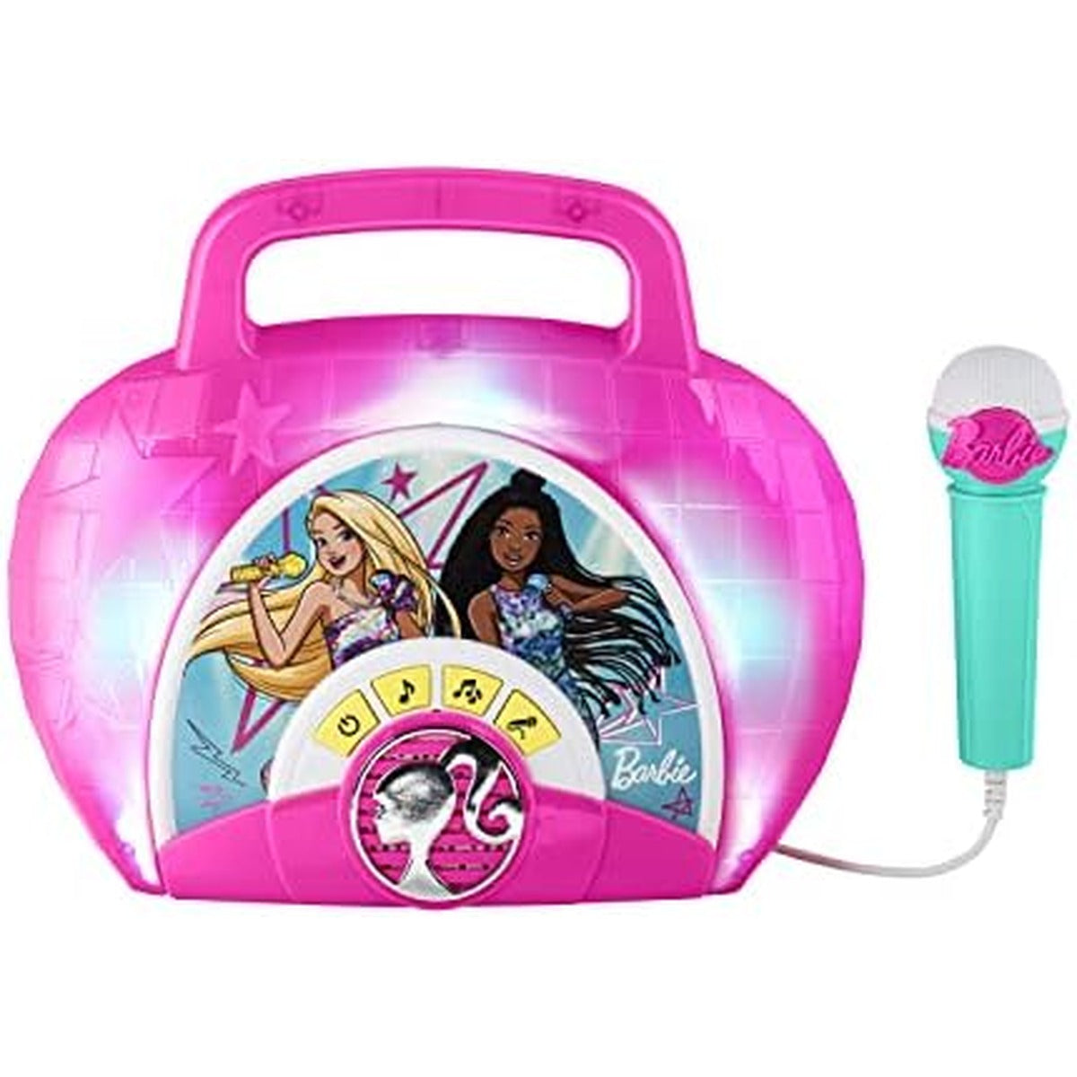 eKids Barbie Sing Along Boom Box Speaker with Microphone for Fans of Barbie Toys, Kids Karaoke Machine with Built in Music and Flashing Lights