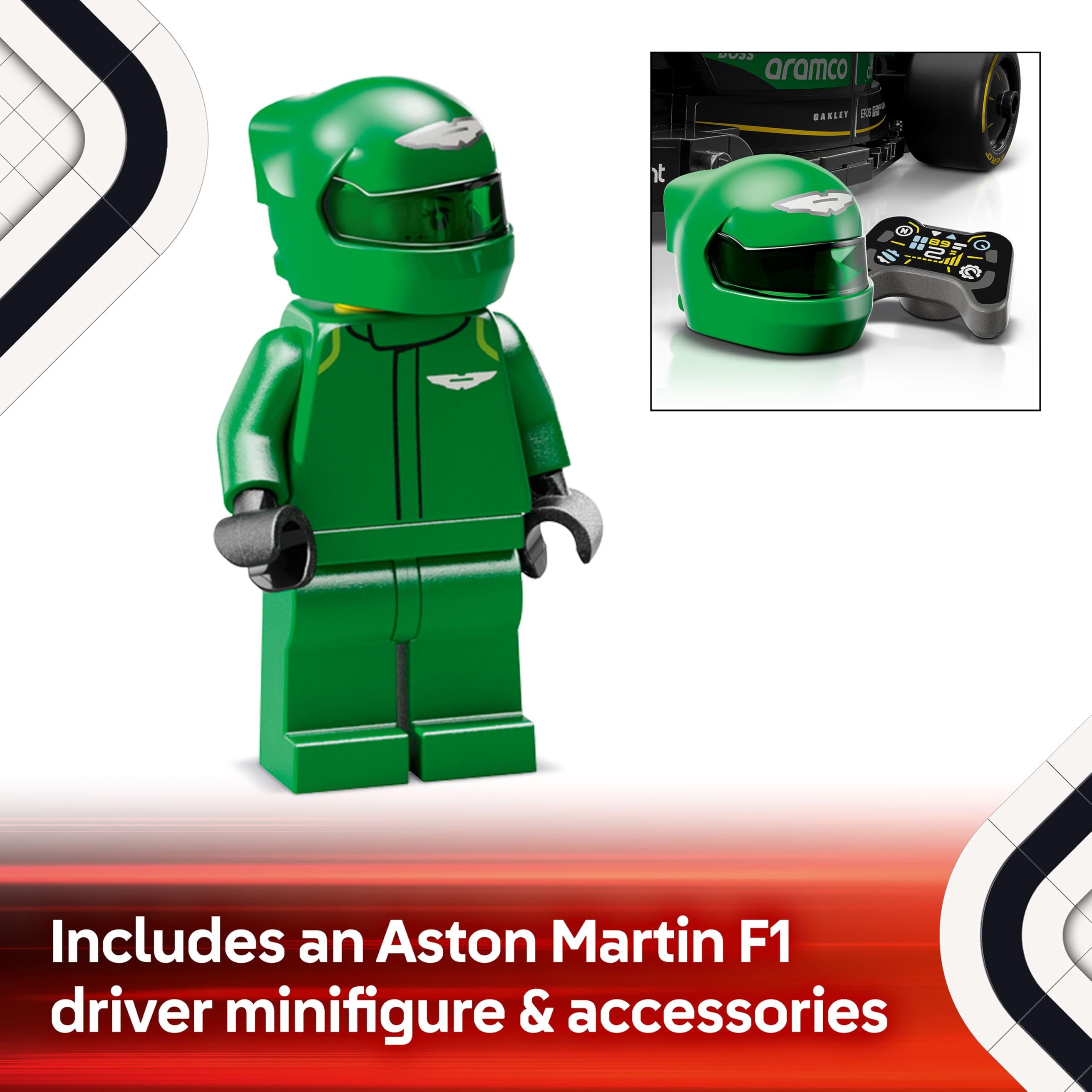 LEGO Speed Champions Aston Martin Aramco F1 AMR24 Race Car Toy with a