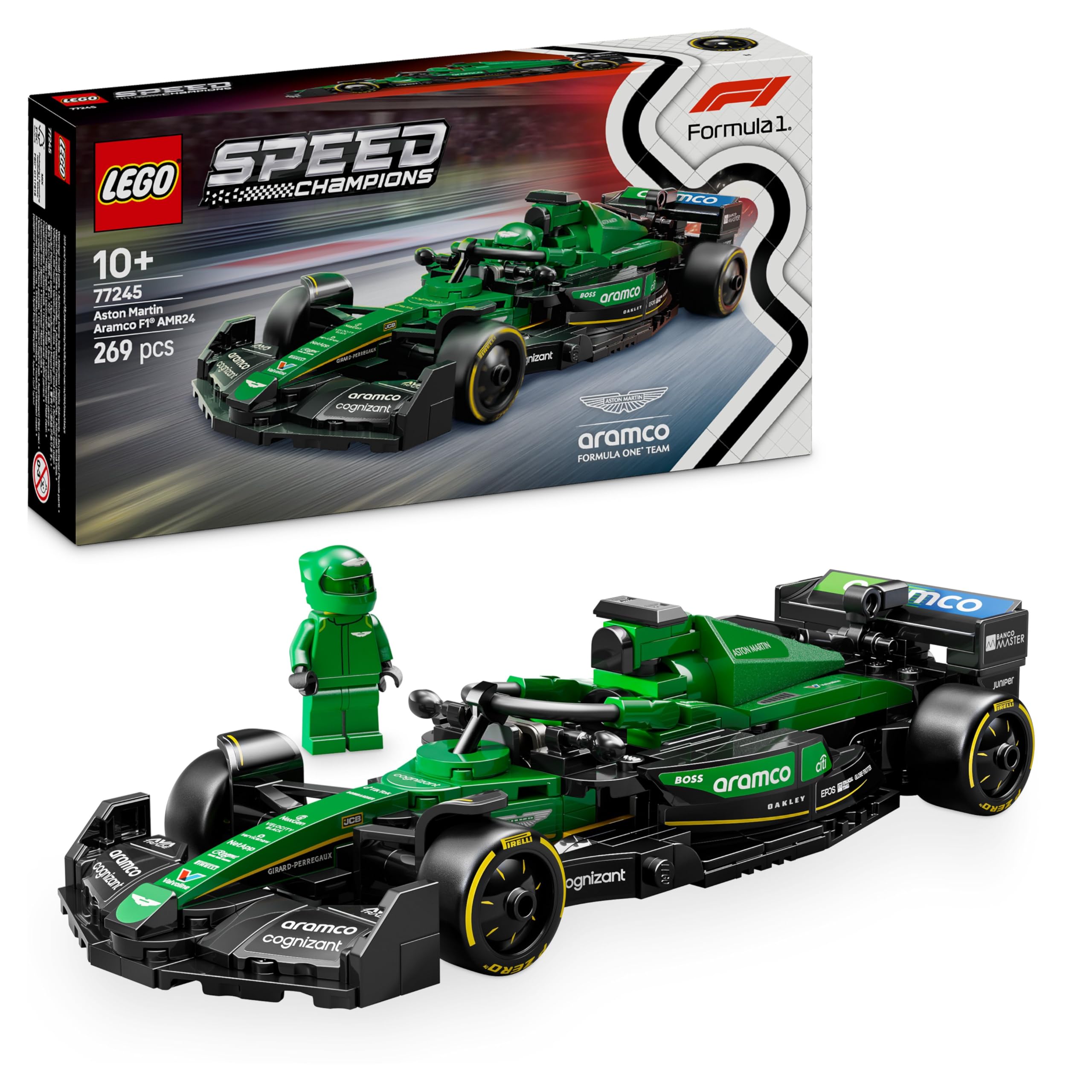 LEGO Speed Champions Aston Martin Aramco F1 AMR24 Race Car Toy with a