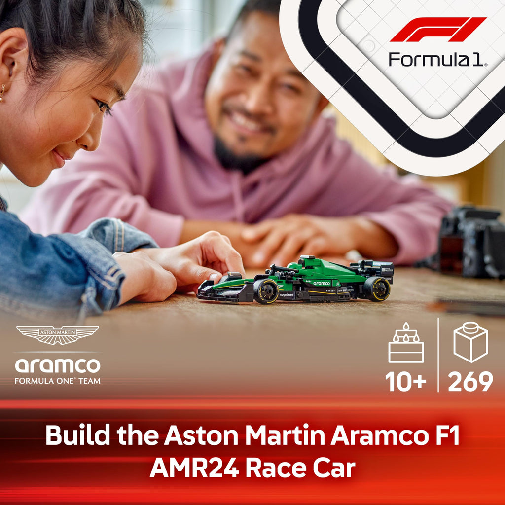 LEGO Speed Champions Aston Martin Aramco F1 AMR24 Race Car Toy with a